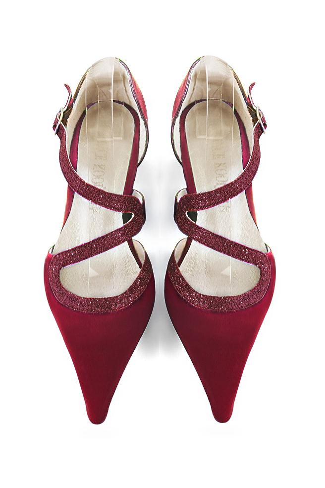 Women's burgundy red open side dress shoes, with snake-shaped straps. Pointed toe. Low block heels - Top view